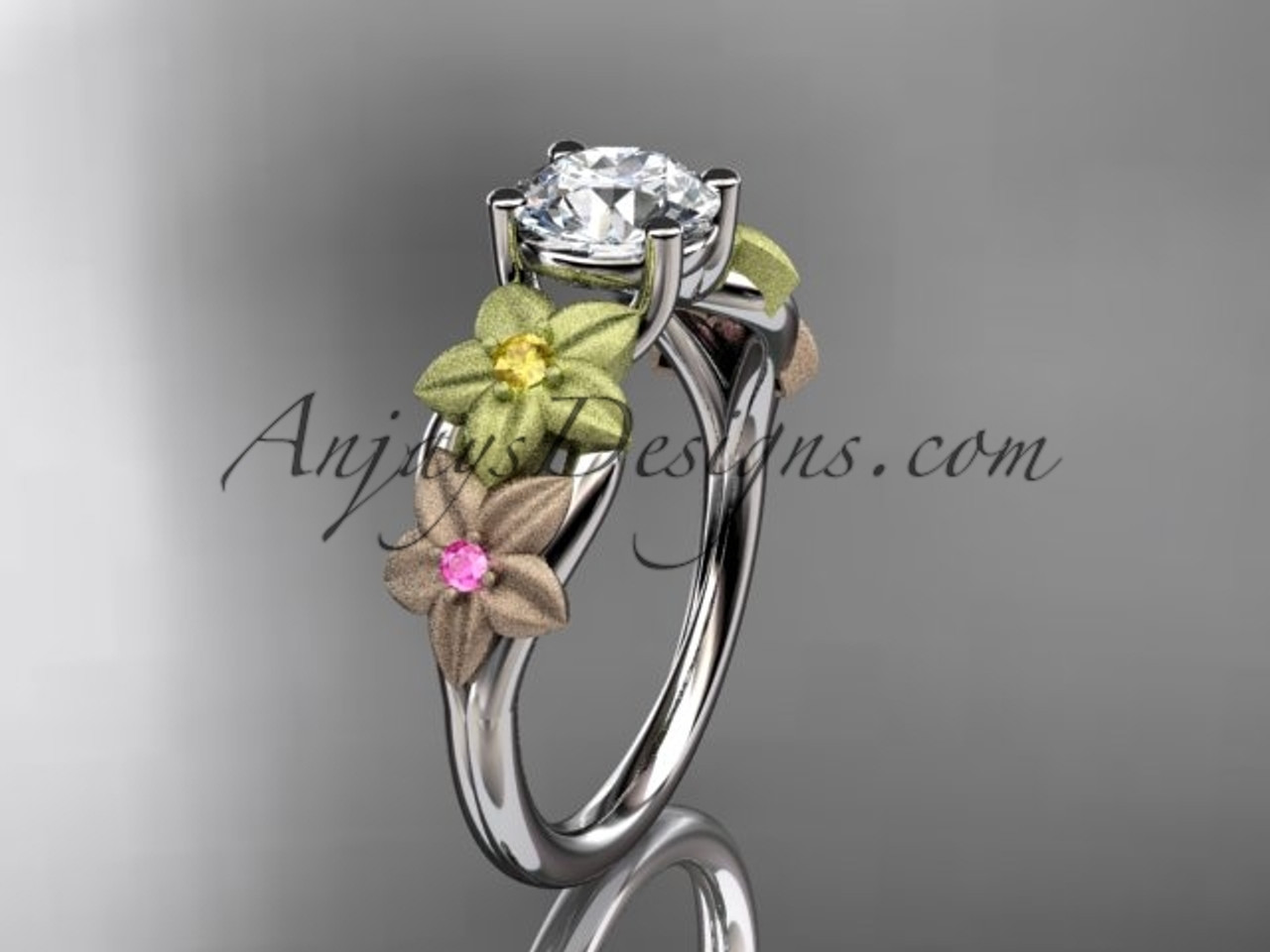 14kt tri color gold floral unique engagement ring, wedding ring ADLR169