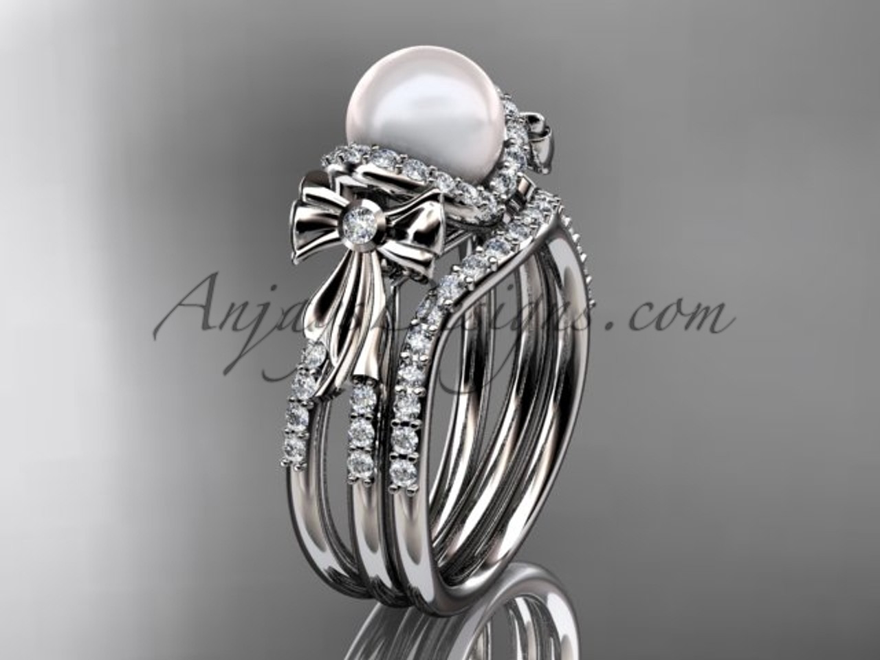Pearl bridal set 14kt white gold diamond bow wedding ring AP155S