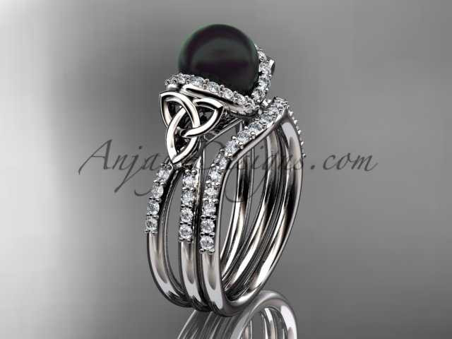 Platinum Black Pearl Celtic Wedding Ring Set CTBP7155S