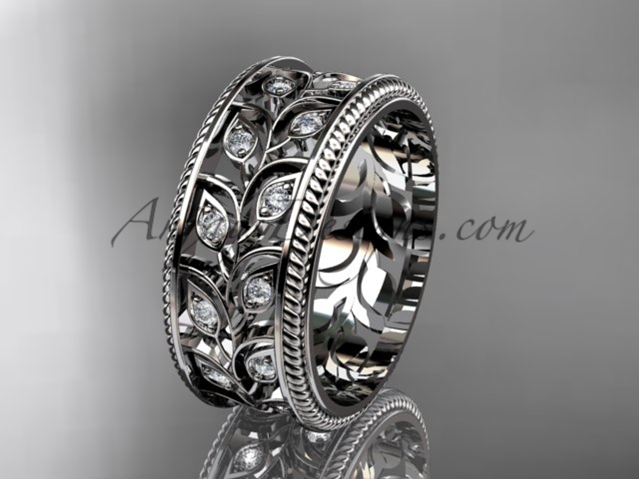 Diamond Wedding Band, 14kt White Gold Leaf Bridal Ring ADLR547B