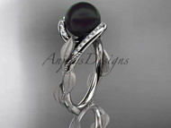 Unique Ring With Leaves And Vine Design And Black Pearl Center Stone Setting. 