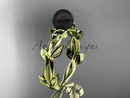 Yellow Gold Nature Inspired Leaf Ring With Black Pearl Center Stone.