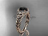 Unique Diamond Halo and Trinity Knot Symbol Double Rope Engagement Ring with Black Diamond Center Stone Setting.