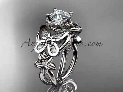 Platinum diamond floral, butterfly wedding ring, engagement ring with a "Forever One" Moissanite center stone ADLR136