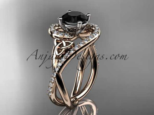 14kt rose gold diamond celtic trinity knot wedding ring, engagement ring with a Black Diamond center stone CT7320