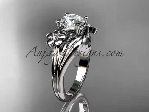 14k white gold diamond leaf and vine wedding ring, engagement ring with a "Forever One" Moissanite center stone ADLR159
