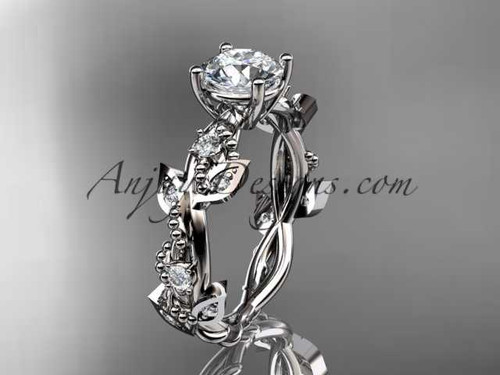 Platinum diamond leaf and vine wedding ring, engagement ring with "Forever One" Moissanite center stone ADLR59