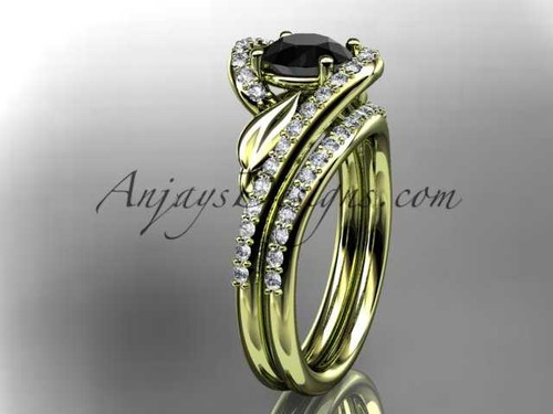 14k yellow gold diamond leaf and vine wedding ring, engagement set with a Black Diamond center stone ADLR317S