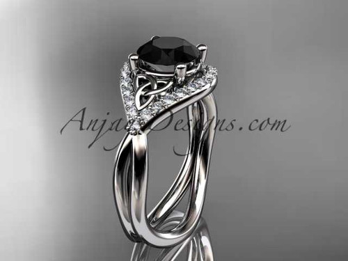 14kt white gold diamond celtic trinity knot wedding ring, engagement ring with a Black Diamond center stone CT7390
