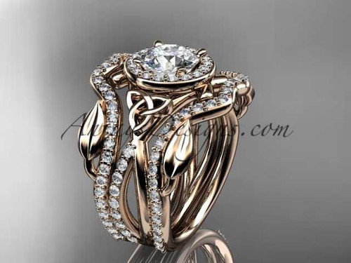 14kt rose gold celtic trinity knot engagement ring, wedding ring with a "Forever One" Moissanite center stone and double matching band CT789S