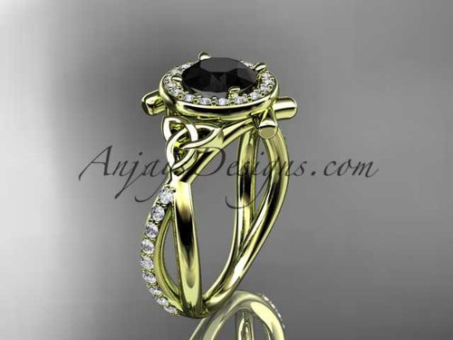 14kt yellow gold celtic trinity knot engagement ring, wedding ring with a Black Diamond center stone CT789