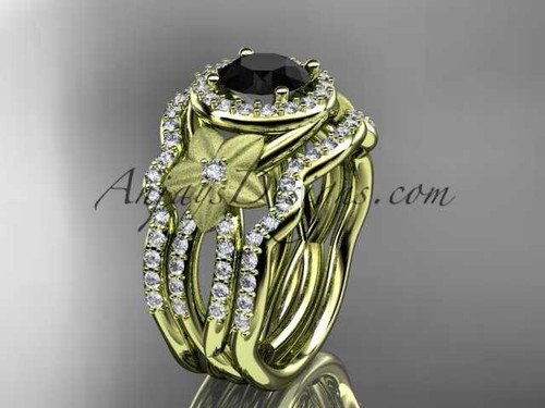 14kt yellow gold diamond floral wedding ring, engagement ring with a Black Diamond center stone and double matching band ADLR127S