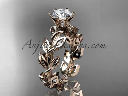 1ct lab grown diamond leaf engagement ring, 14k rose gold unique