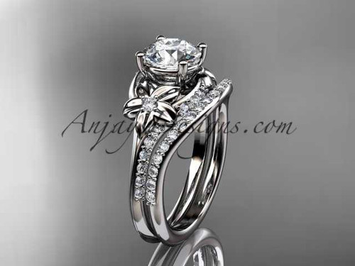 14kt white gold diamond floral wedding set, engagement set with a "Forever One" Moissanite center stone ADLR125S