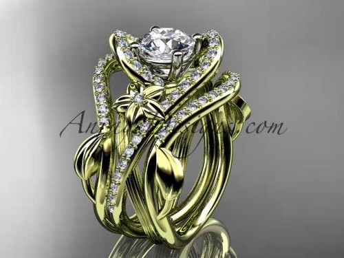 14kt yellow gold diamond leaf and vine engagement ring with double matching band ADLR369S