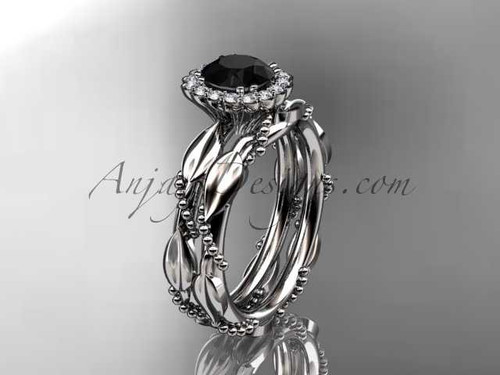 Platinum diamond leaf and vine wedding set, engagement set with a Black Diamond center stone ADLR337