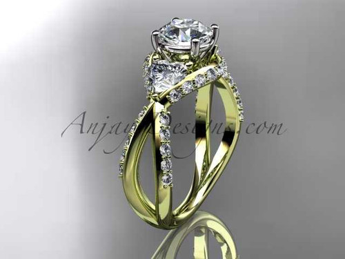 Unique 14kt yellow gold diamond wedding ring, engagement ring with a "Forever One" Moissanite center stone ADLR318