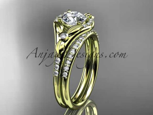 14kt yellow gold diamond floral wedding ring, engagement set with a "Forever One" Moissanite center stone ADLR126S