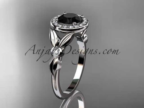 14kt white gold diamond floral wedding ring, engagement ring with a Black Diamond center stone ADLR129