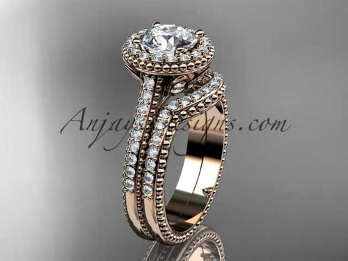14kt rose gold diamond floral wedding set, engagement ring with a "Forever One" Moissanite center stone ADLR101S