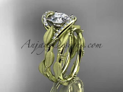 14kt yellow gold diamond leaf and vine wedding ring, engagement set with a "Forever One" Moissanite center stone ADLR64S