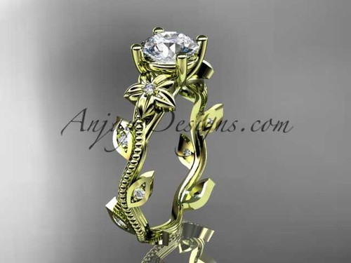 14kt yellow gold diamond leaf and vine wedding ring,engagement ring with a "Forever One" Moissanite center stone ADLR151 nature inspired jewelry