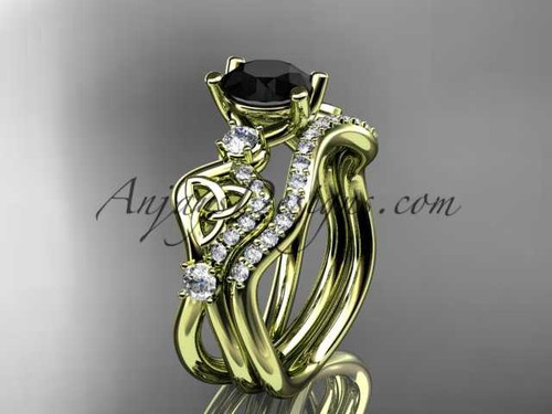 14kt yellow gold celtic trinity knot engagement set, wedding ring with a Black Diamond center stone CT768S