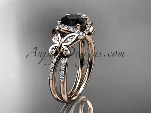 14kt rose gold diamond butterfly wedding ring, engagement ring with a Black Diamond center stone ADLR141