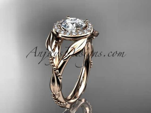 14kt rose gold diamond leaf and vine wedding ring, engagement ring with a "Forever One" Moissanite center stone ADLR328