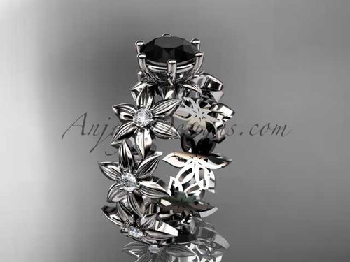 Unique 14k white gold diamond floral engagement ring with a Black Diamond center stone ADLR339