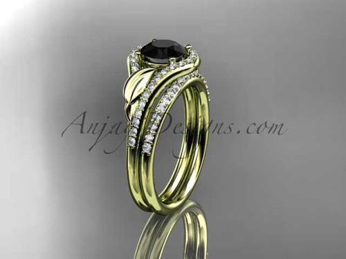 14kt yellow gold diamond leaf wedding set, engagement set with a Black Diamond center stone ADLR334