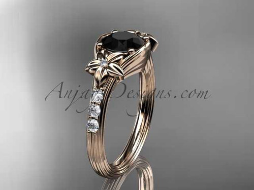 Unique 14k rose gold diamond leaf and vine, floral diamond engagement ring with a Black Diamond center stone ADLR333