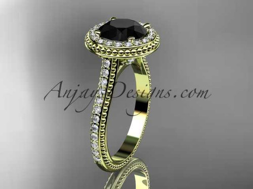 14kt yellow gold diamond unique engagement ring, wedding ring with a Black Diamond center stone ADER97