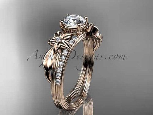 14kt rose gold diamond leaf and vine wedding ring, engagement ring with a "Forever One" Moissanite center stone ADLR331