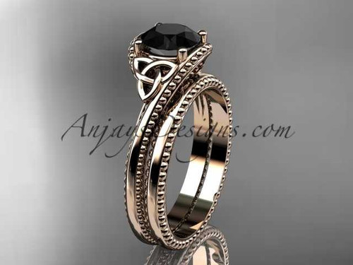 Artisan Celtic Black Diamond Wedding Set, 14kt Rose Gold Trinity Engagement Ring CT7322S