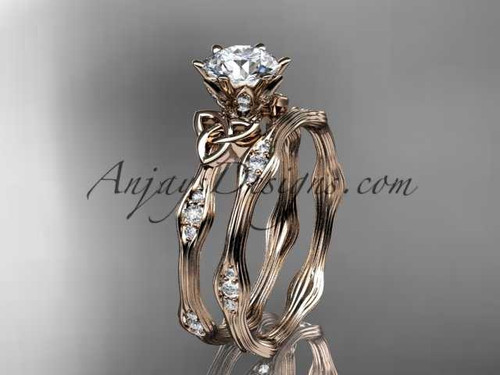 14kt rose gold diamond celtic trinity knot wedding ring, engagement set with a "Forever One" Moissanite center stone CT7132S