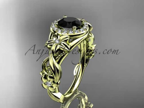 14kt yellow gold diamond unique engagement ring, wedding ring with a Black Diamond center stone ADLR300