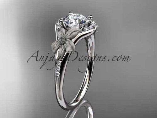 platinum diamond leaf and vine wedding ring, engagement ring with a "Forever One" Moissanite center stone ADLR91