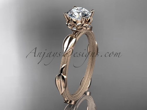 14k rose gold diamond vine and leaf wedding ring, engagement ring with a "Forever One" Moissanite center stone ADLR290