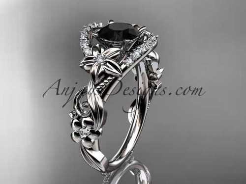platinum flower diamond unique engagement ring with a Black Diamond center stone ADLR211