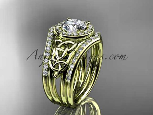 Modern Diamond Celtic Wedding Ring Set, 14kt Yellow Gold Halo Engagement Ring with a double wedding band CT7131S