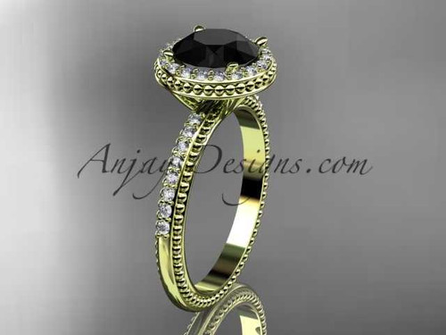 Flawless Black Diamond Solitaire Ring, 14kt Yellow Gold Vintage Halo Diamond Engagement Ring ADER95