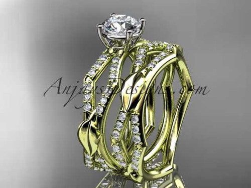 14k yellow gold diamond leaf and vine wedding ring, engagement set with a "Forever One" Moissanite center stone ADLR353S