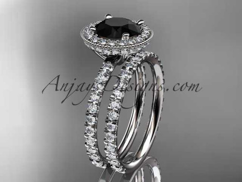 14kt white gold diamond unique wedding ring, engagement set with a Black Diamond center stone ADER106S