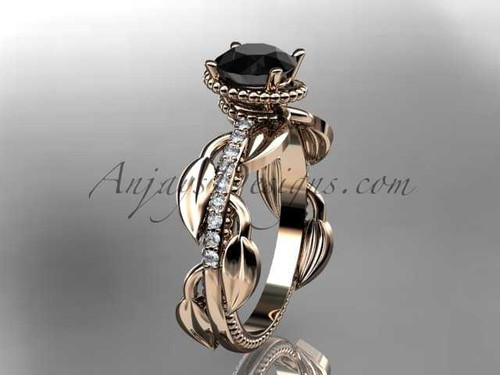Unique 14k rose gold diamond leaf and vine diamond engagement ring with a Black Diamond center stone ADLR231