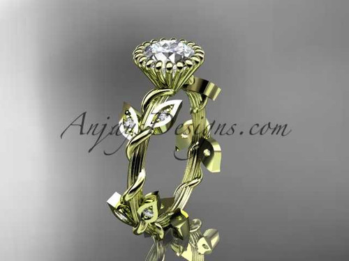 14kt yellow gold diamond leaf and vine wedding ring,engagement ring with a "Forever One" Moissanite center stone ADLR20A