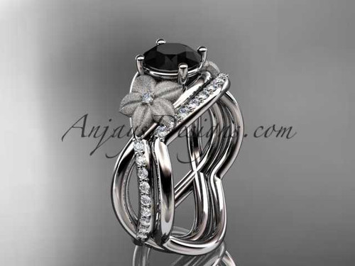 14k white gold diamond leaf and vine wedding ring, engagement set with a Black Diamond center stone ADLR90S