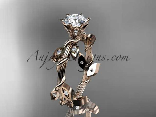 Amazing "Forever One" Moissanite Engagement Ring, 14kt Rose Gold Diamond Leaf and Vine Wedding Ring ADLR20