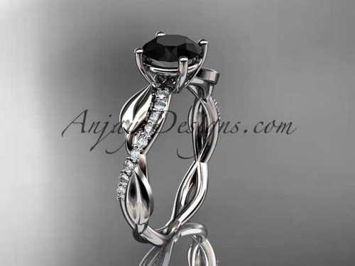 14kt white gold leaf diamond wedding ring, engagement ring with a Black Diamond center stone ADLR385