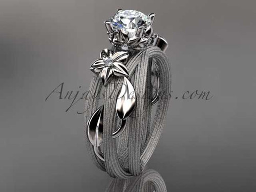 Platinum diamond floral, leaf and vine wedding ring, engagement ring with a "Forever One" Moissanite center stone ADLR253